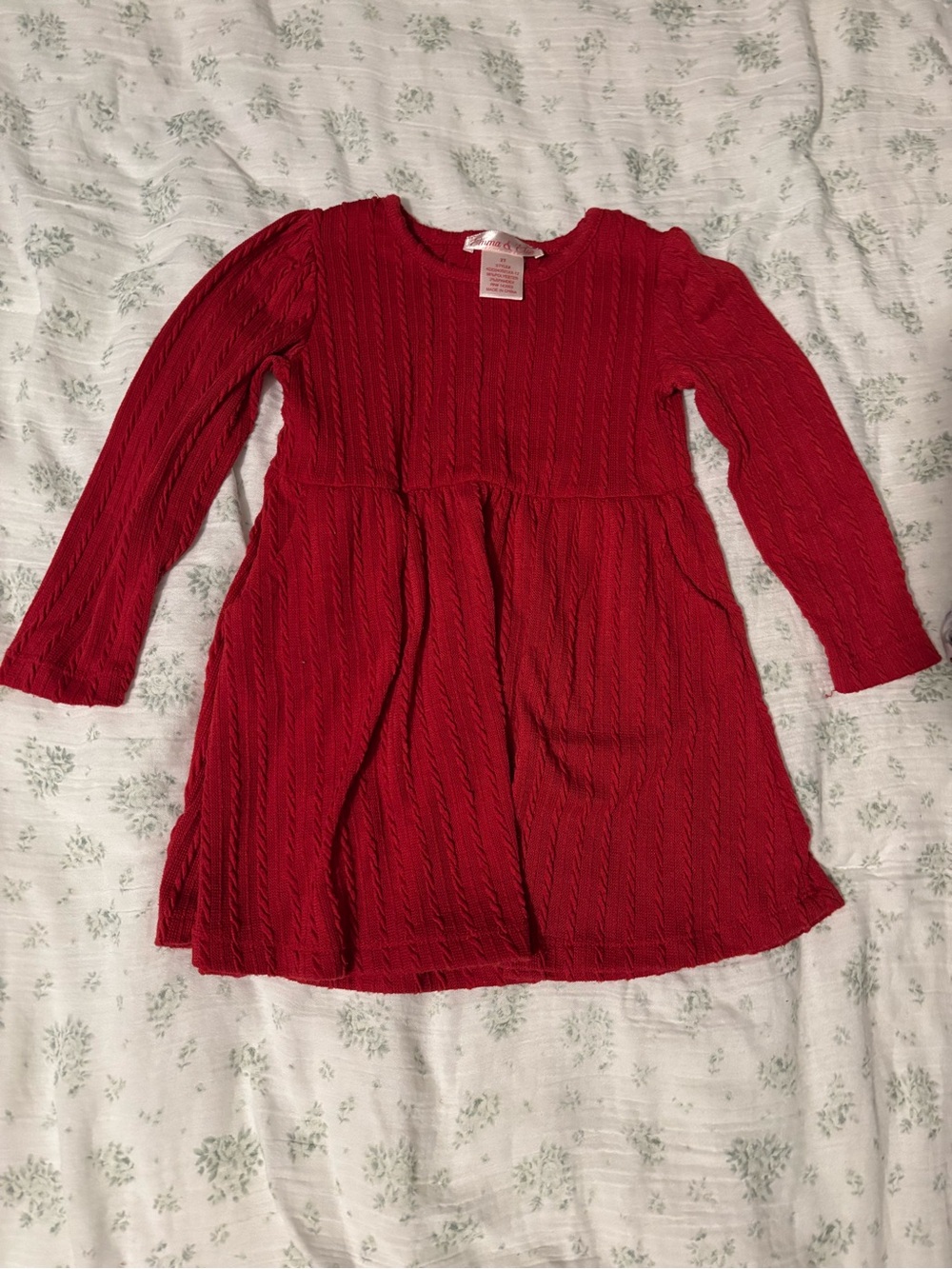 Girls Red Cable-Knit Long Sleeve Casual Dress
